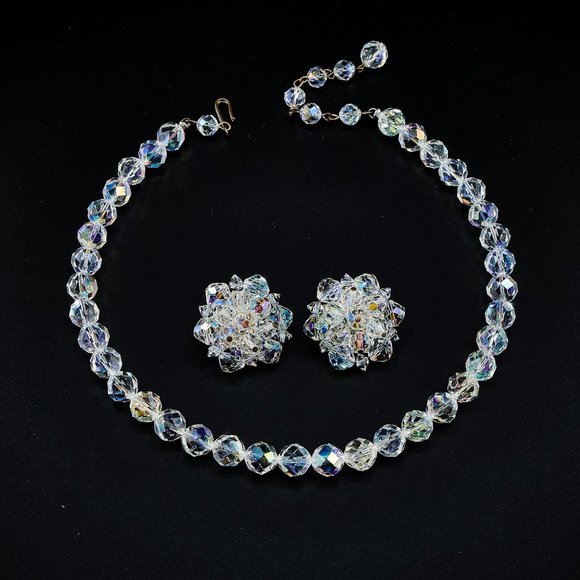 Crystal Necklace & Earrings Set, Dainty Vintage Choker Necklace - Picture 7 of 10